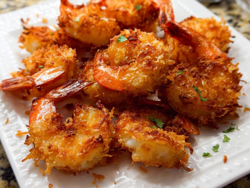 A plate of golden-brown, crispy coconut shrimp, a delicious shrimp recipe, garnished with parsley.