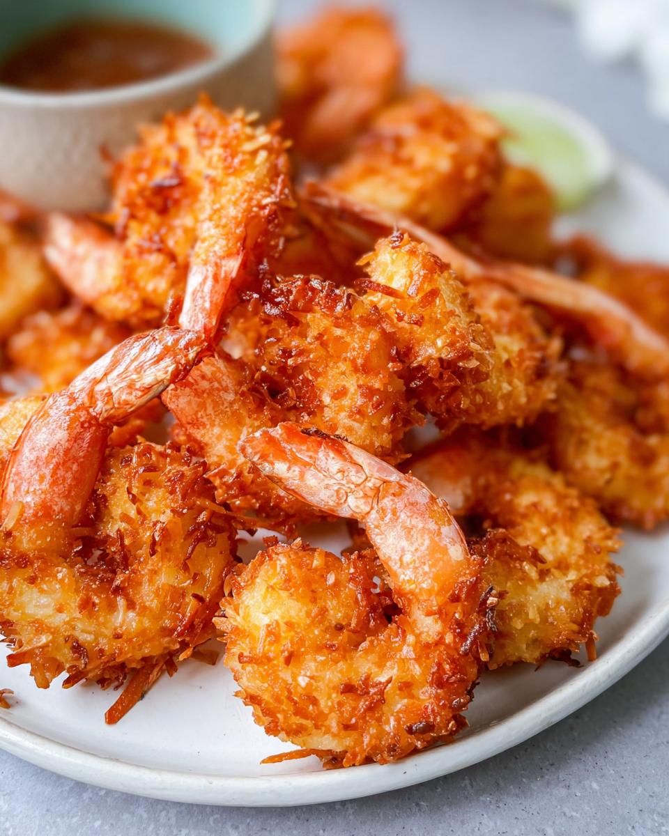 A plate of golden-brown, crispy coconut shrimp, perfect for quick weeknight meals.