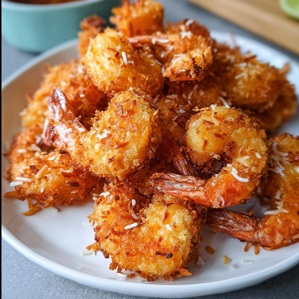 A close-up of a pile of golden-brown, crispy coconut shrimp, a delicious shrimp recipe idea.