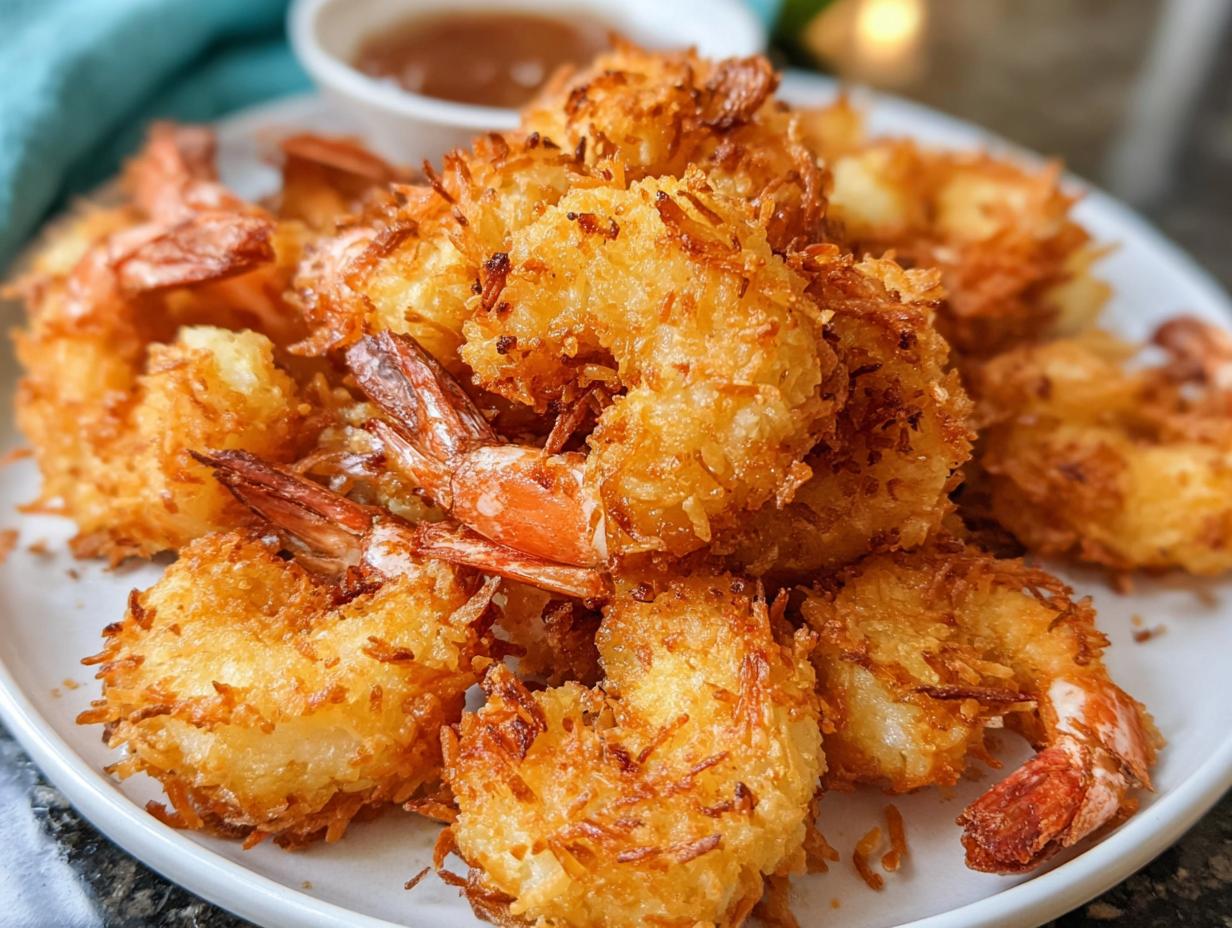 A plate of golden-brown, crispy coconut shrimp, perfect for quick weeknight meals.