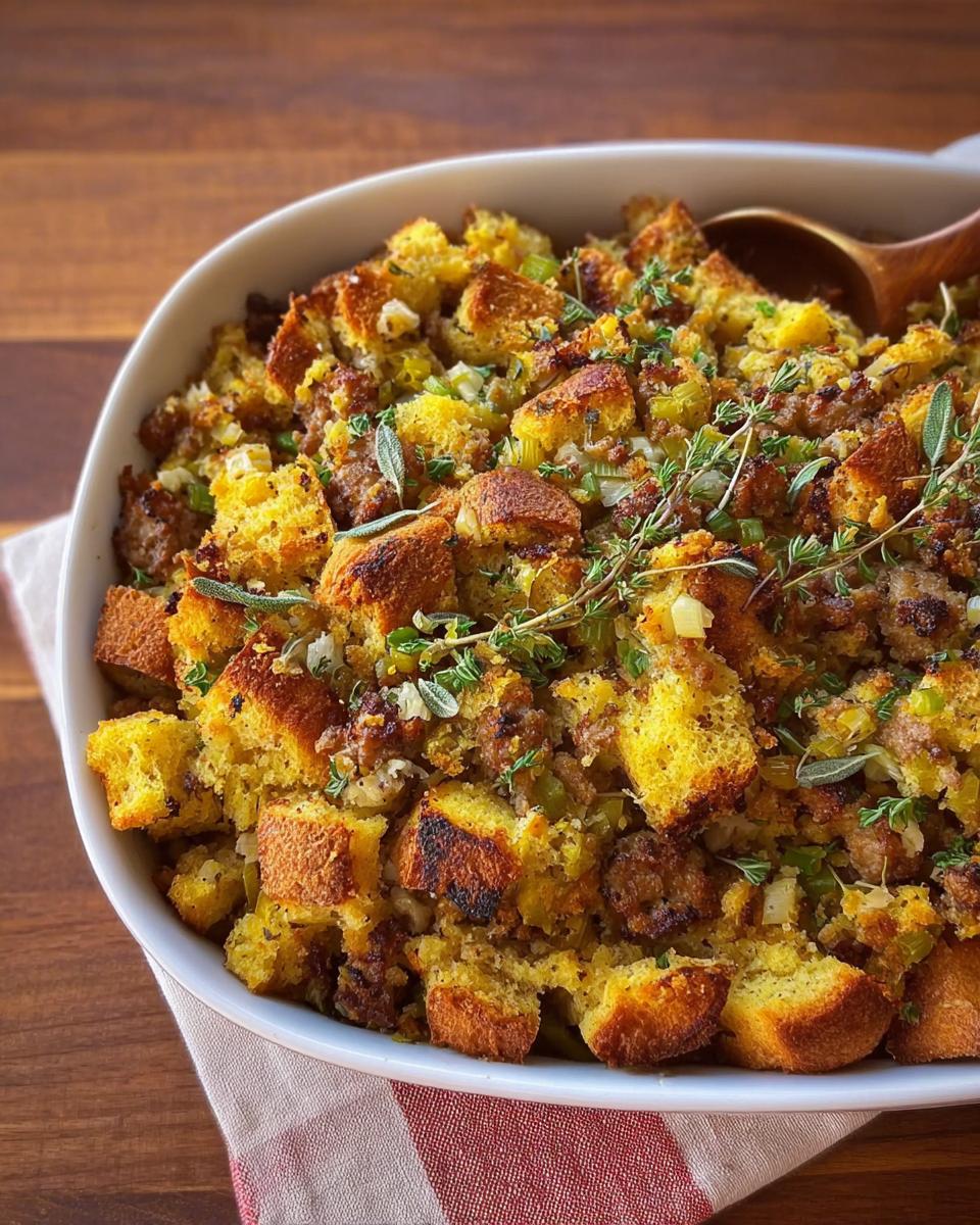 A close-up of a white baking dish filled with golden cornbread stuffing and savory sausage, garnished with fresh herbs.