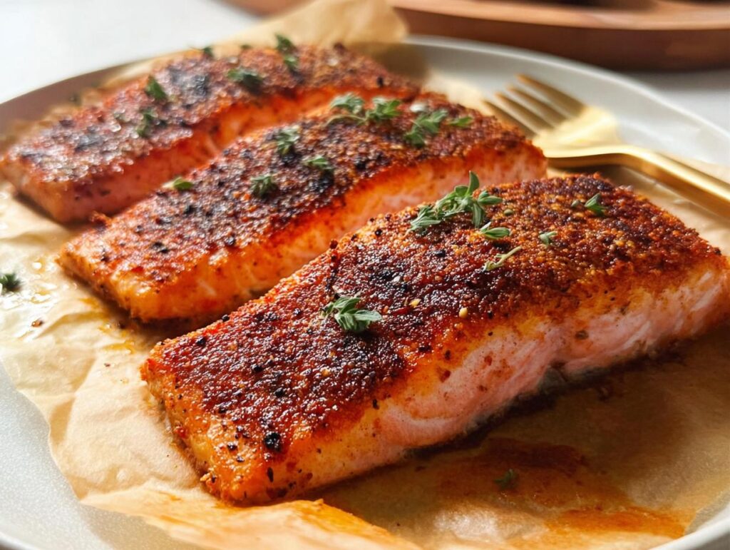 Three perfectly cooked salmon fillets with a crispy crust, seasoned and garnished with thyme, ready for a salmon recipe.