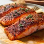 Three perfectly cooked salmon fillets with a crispy crust, seasoned and garnished with thyme, ready for a salmon recipe.