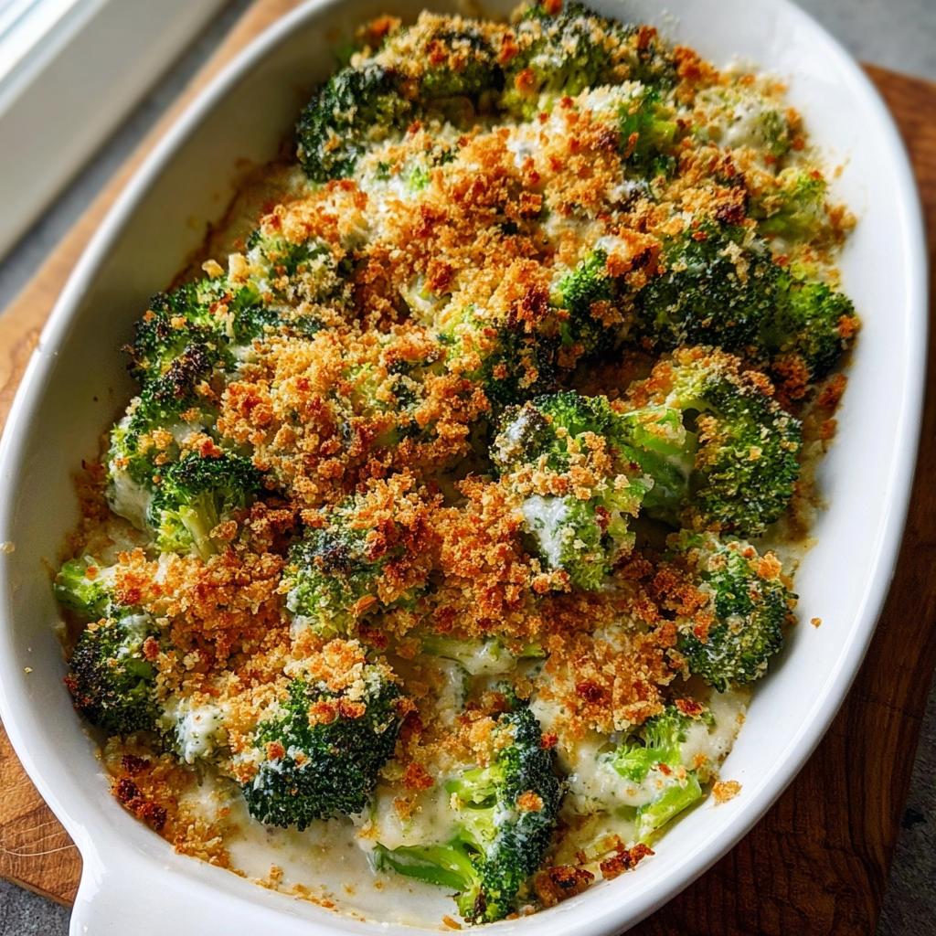 Close-up of a creamy baked broccoli casserole with a golden breadcrumb topping, a perfect veggie side dish.