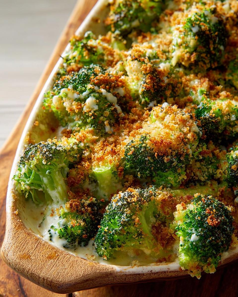 Close-up of a creamy broccoli casserole with a golden breadcrumb topping, a perfect veggie side dish.
