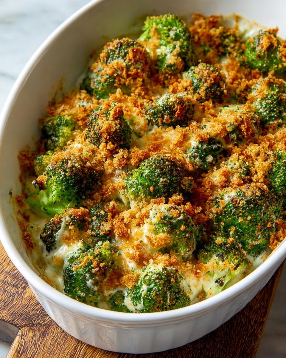 Close-up of a creamy broccoli casserole with a golden breadcrumb topping, perfect for veggie sides recipes.