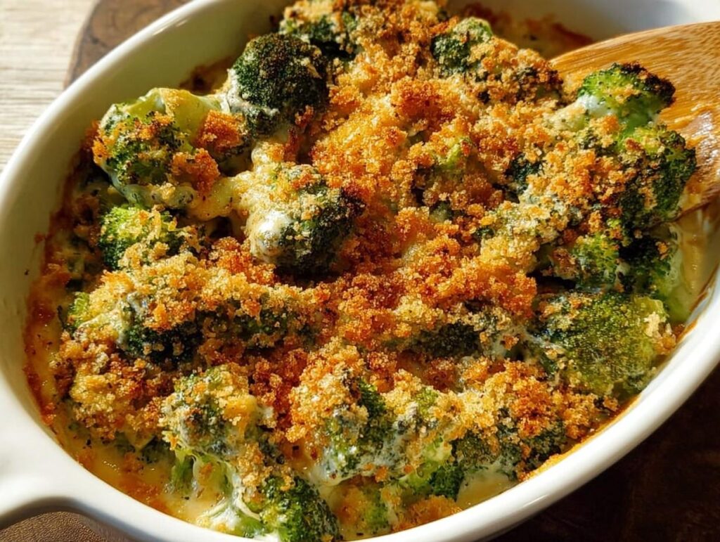 A close-up of a creamy broccoli casserole with a golden breadcrumb topping, perfect for veggie sides.