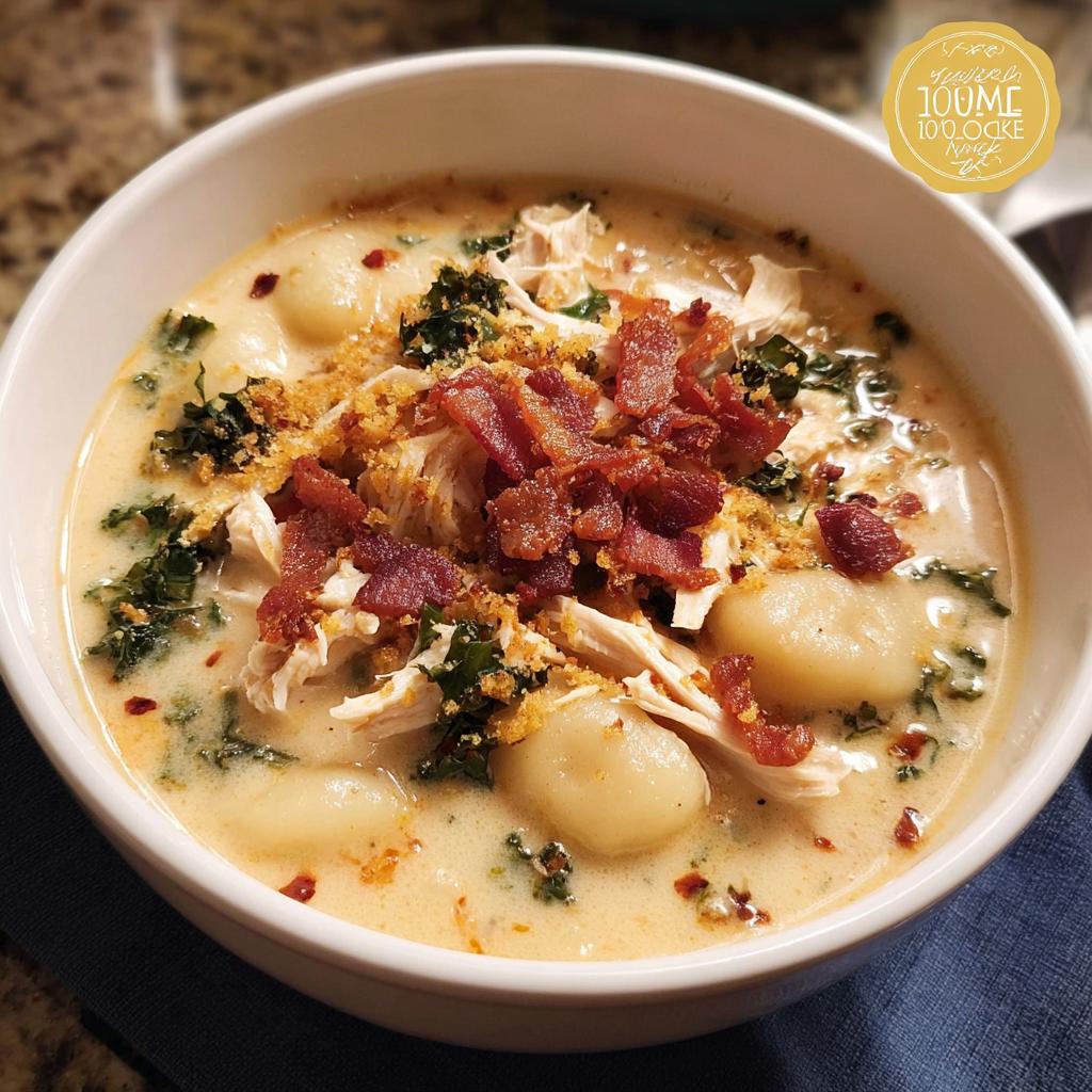 A bowl of creamy chicken gnocchi soup topped with crispy bacon and kale.