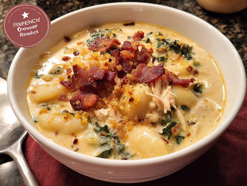 A bowl of creamy chicken gnocchi soup with kale and bacon, part of The Only Soup Recipes Recipe You’ll Need (2025).