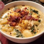 A bowl of creamy chicken gnocchi soup with kale and bacon, part of The Only Soup Recipes Recipe You’ll Need (2025).