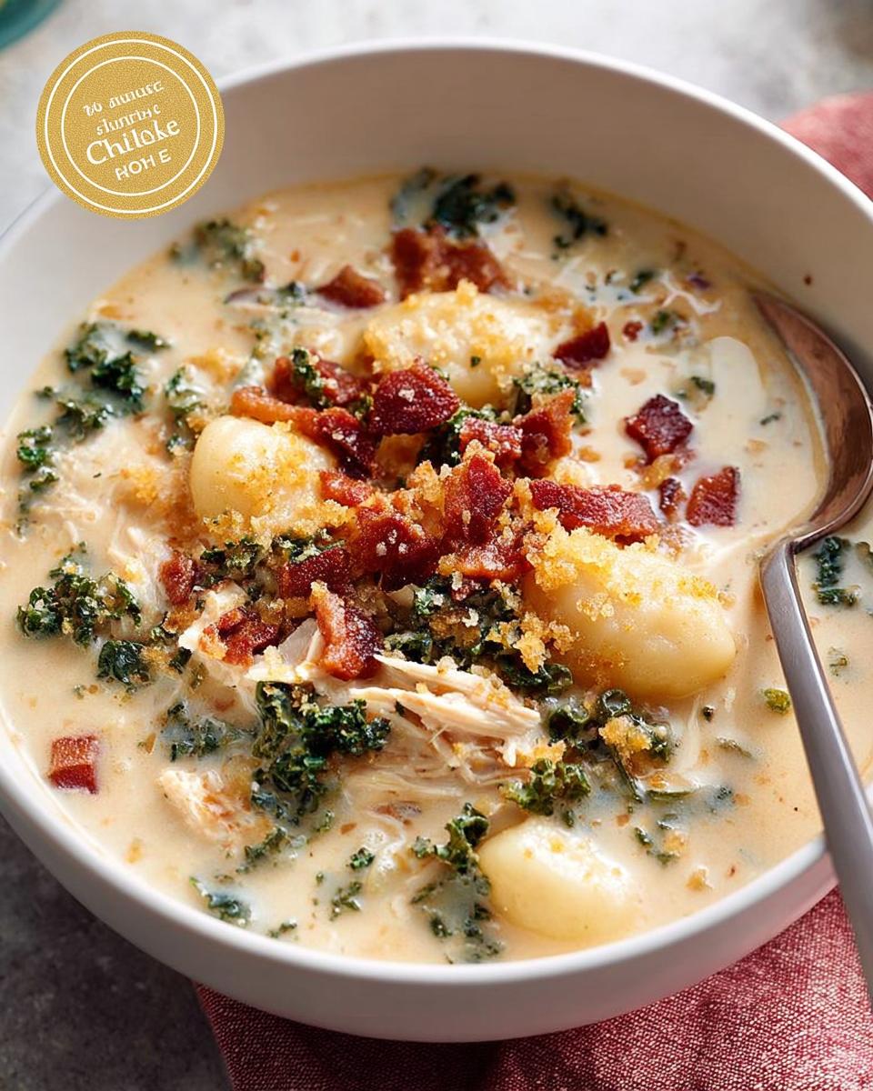 A close-up of creamy chicken and gnocchi soup with kale and bacon, part of the soup recipes you’ll need.