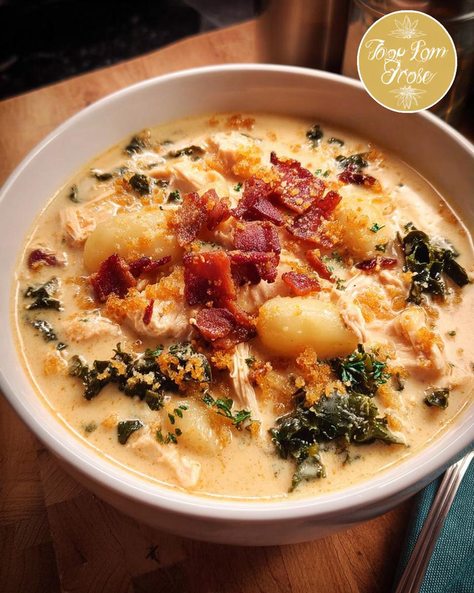 A hearty bowl of creamy chicken gnocchi soup with kale, bacon, and breadcrumbs. A perfect addition to your soup recipes.