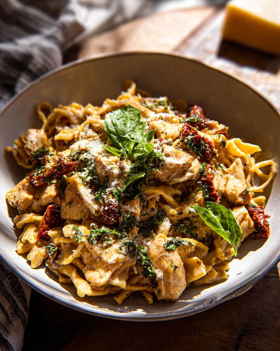 A close-up of a creamy pasta bowl with chicken, sun-dried tomatoes, and fresh basil. This is one of The Only Rice Bowls Recipes Recipe You’ll Need.