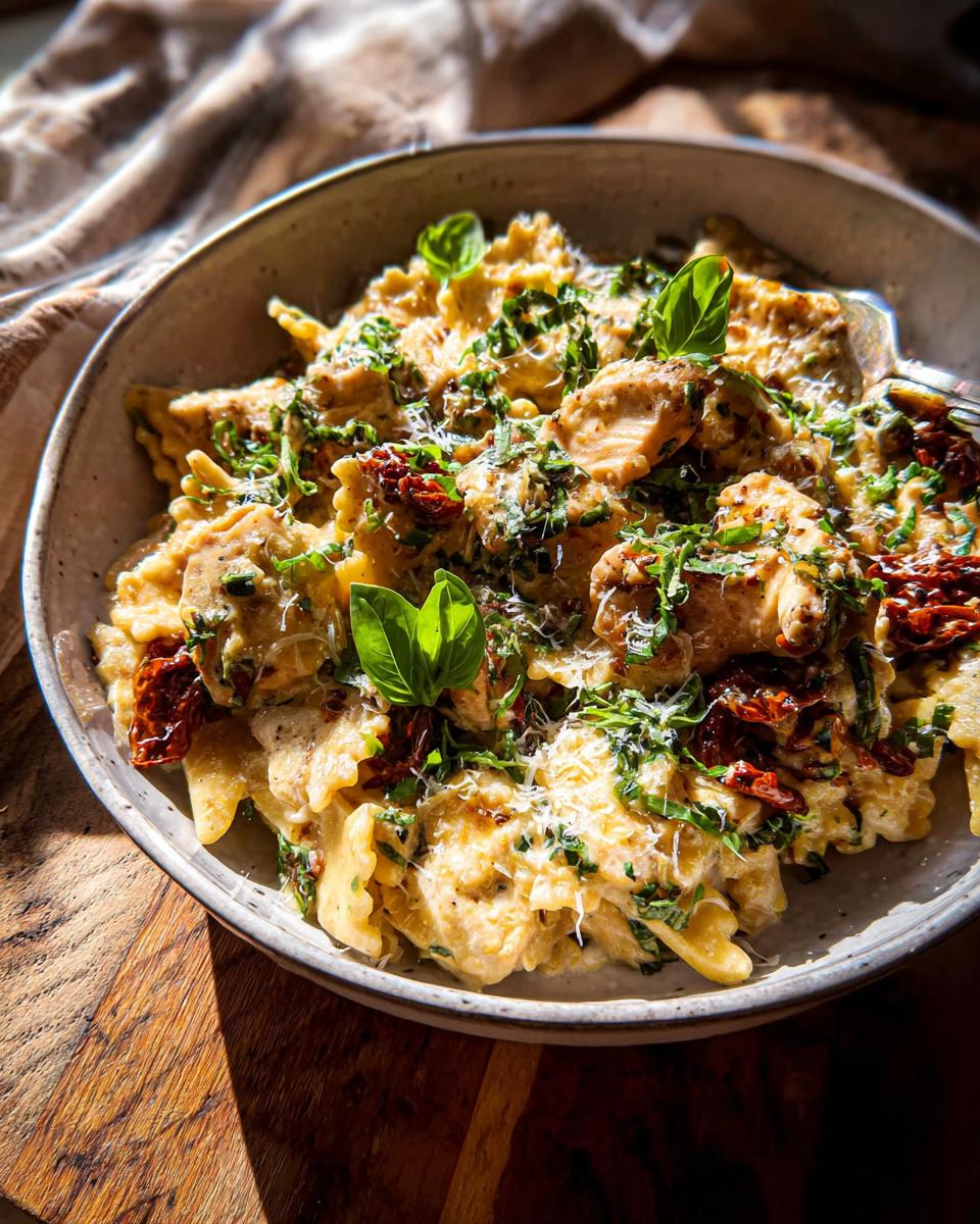 A close-up of a creamy pasta dish with farfalle noodles, chicken, sun-dried tomatoes, and fresh basil. This is a rice bowl recipe.