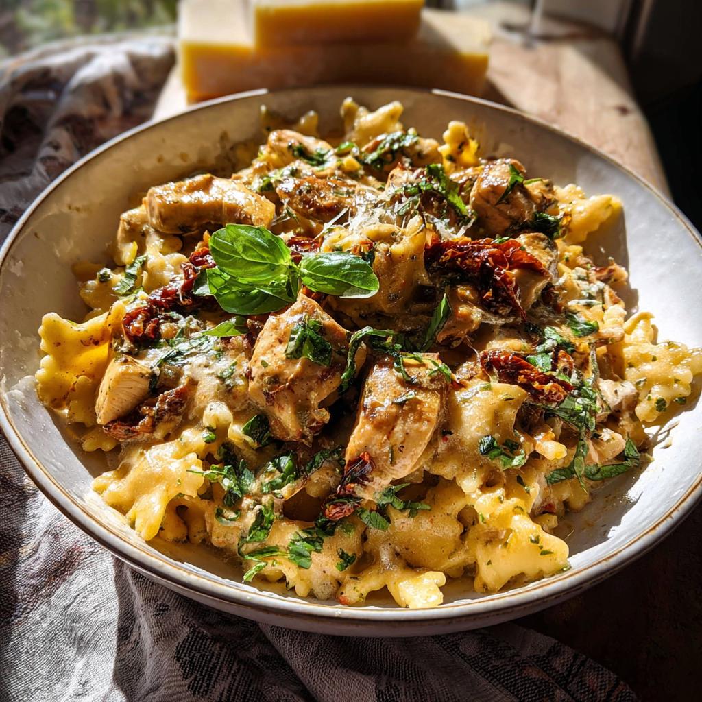 A close-up of a creamy pasta bowl with farfalle pasta, chicken pieces, sun-dried tomatoes, and fresh basil.