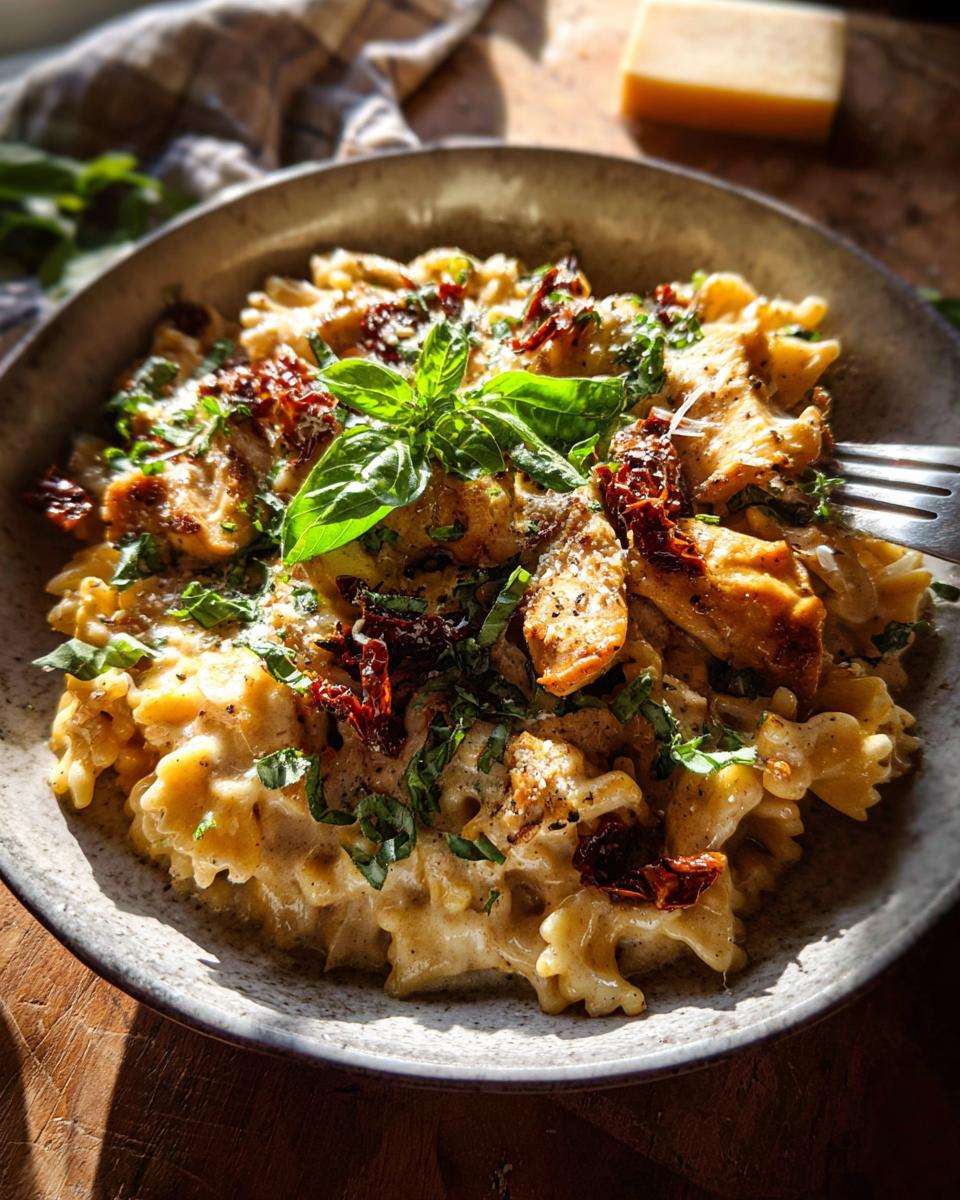 A delicious rice bowl recipe featuring creamy pasta, chicken, sun-dried tomatoes, and fresh basil.
