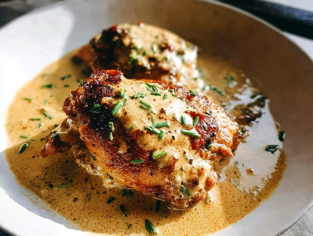Two perfectly cooked chicken thighs in a creamy sauce, garnished with chives. A great beginner chicken thigh recipe.