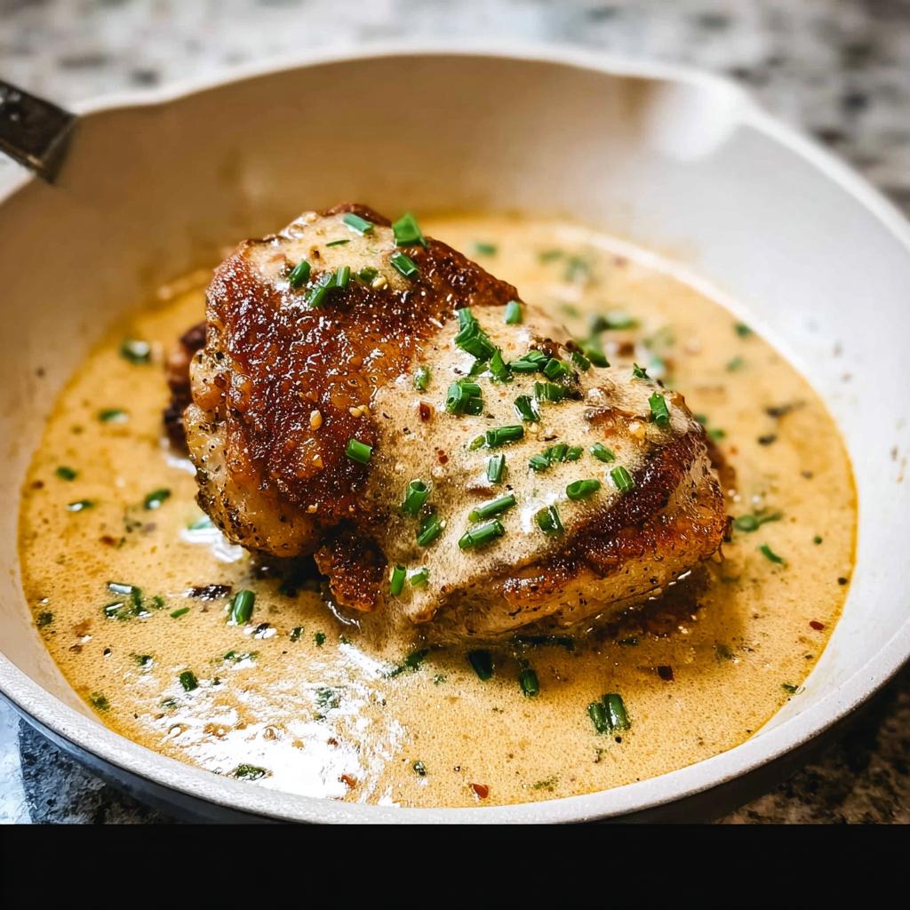 A succulent chicken thigh recipe in a creamy sauce, garnished with fresh chives, perfect for beginners.