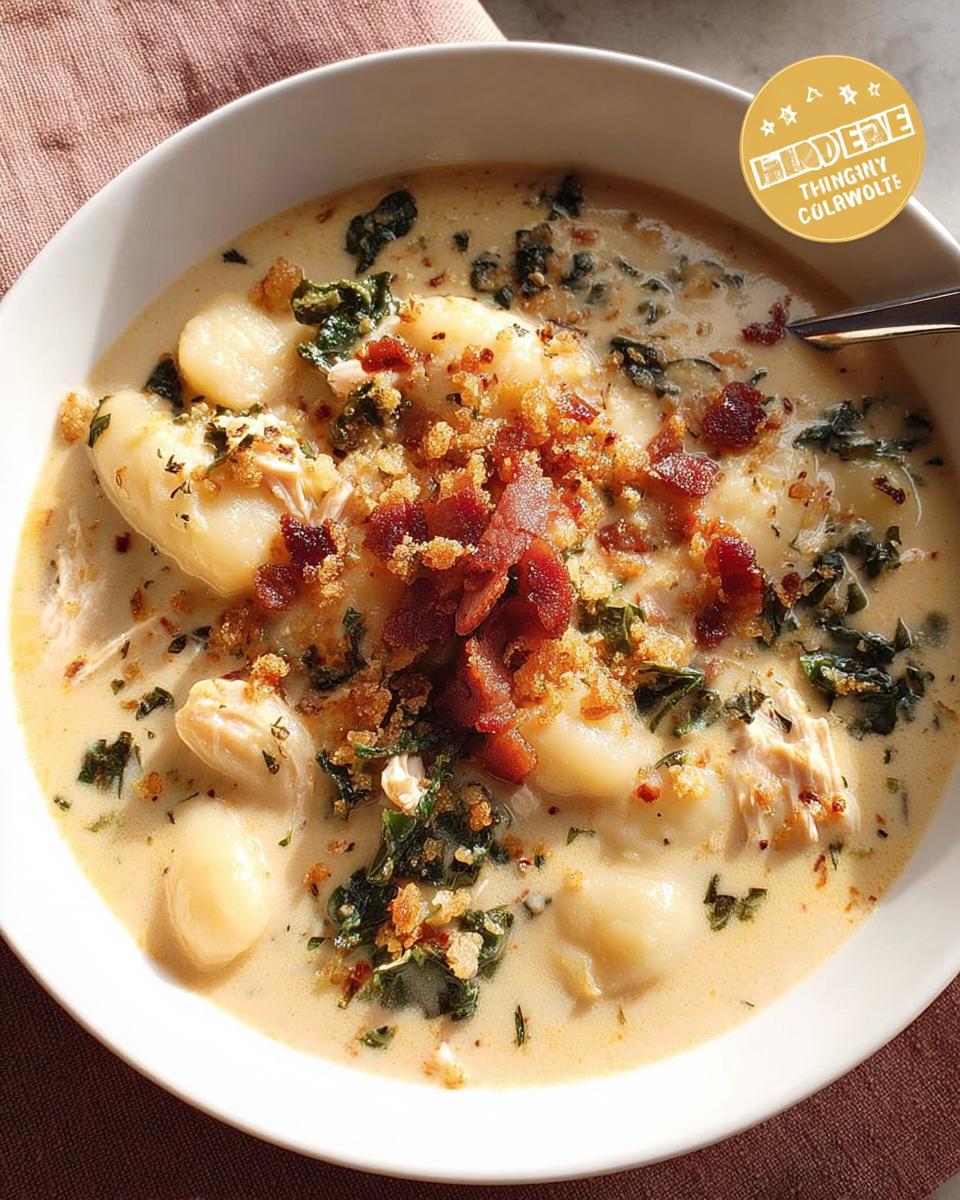 A bowl of creamy gnocchi soup with kale, shredded chicken, crispy bacon, and breadcrumbs. A perfect addition to your soup recipes.