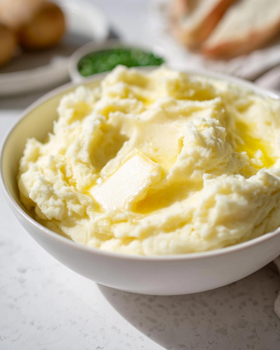 Close-up of a bowl of creamy mashed potatoes topped with a melting pat of butter.