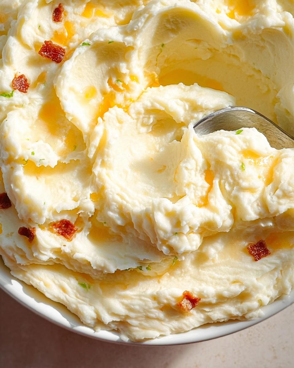 Close-up of fluffy mashed potatoes with bacon bits and hints of green herbs, a spoon is visible.