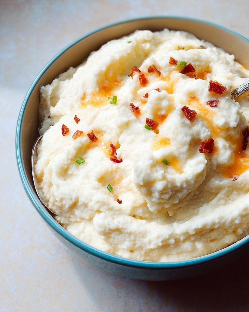 A close-up of creamy mashed potatoes in a blue bowl, topped with crispy bacon bits and chives.