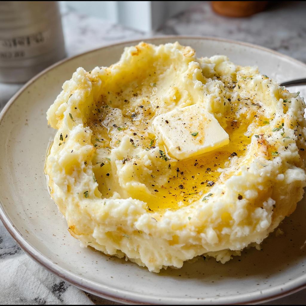 A close-up of creamy mashed potatoes topped with a pat of melting butter, herbs, and cracked black pepper.