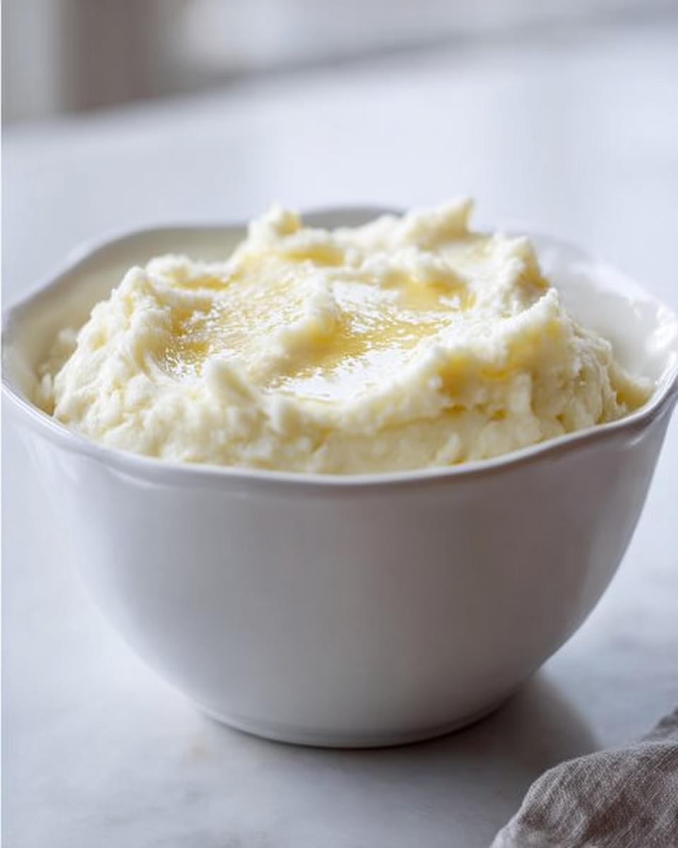 A white bowl filled with creamy mashed potatoes topped with melted butter, perfect for mashed potatoes recipes meal prep.