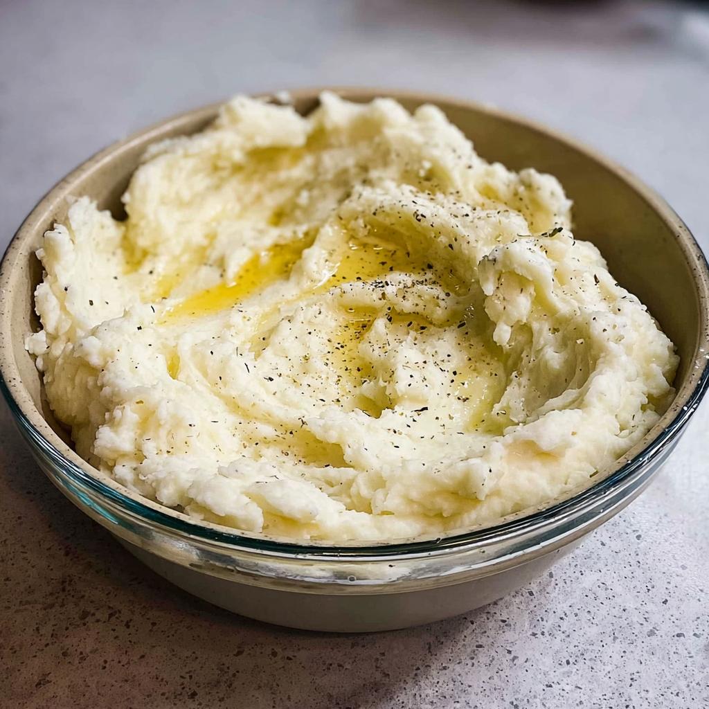 A close-up of a bowl of fluffy mashed potatoes, drizzled with melted butter and seasoned with pepper.