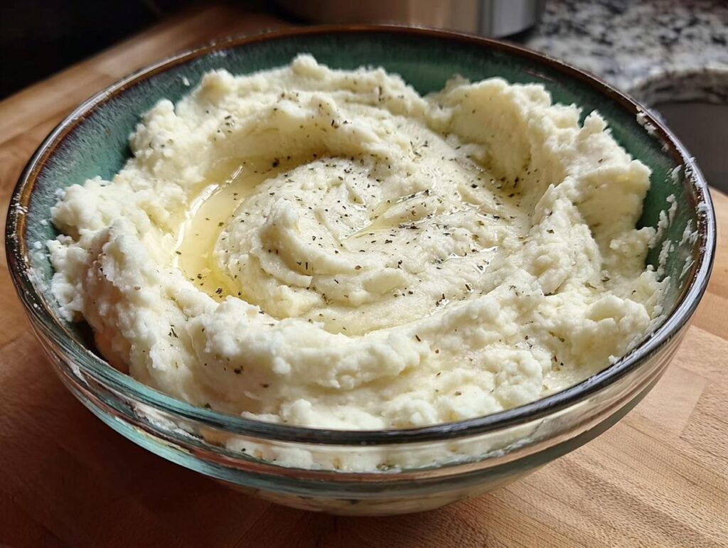 A close-up of creamy mashed potatoes in a bowl, topped with melted butter and herbs.