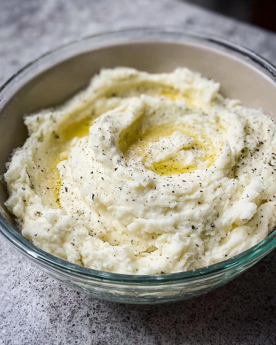A close-up of a bowl of creamy mashed potatoes, drizzled with melted butter and seasoned with herbs and black pepper.