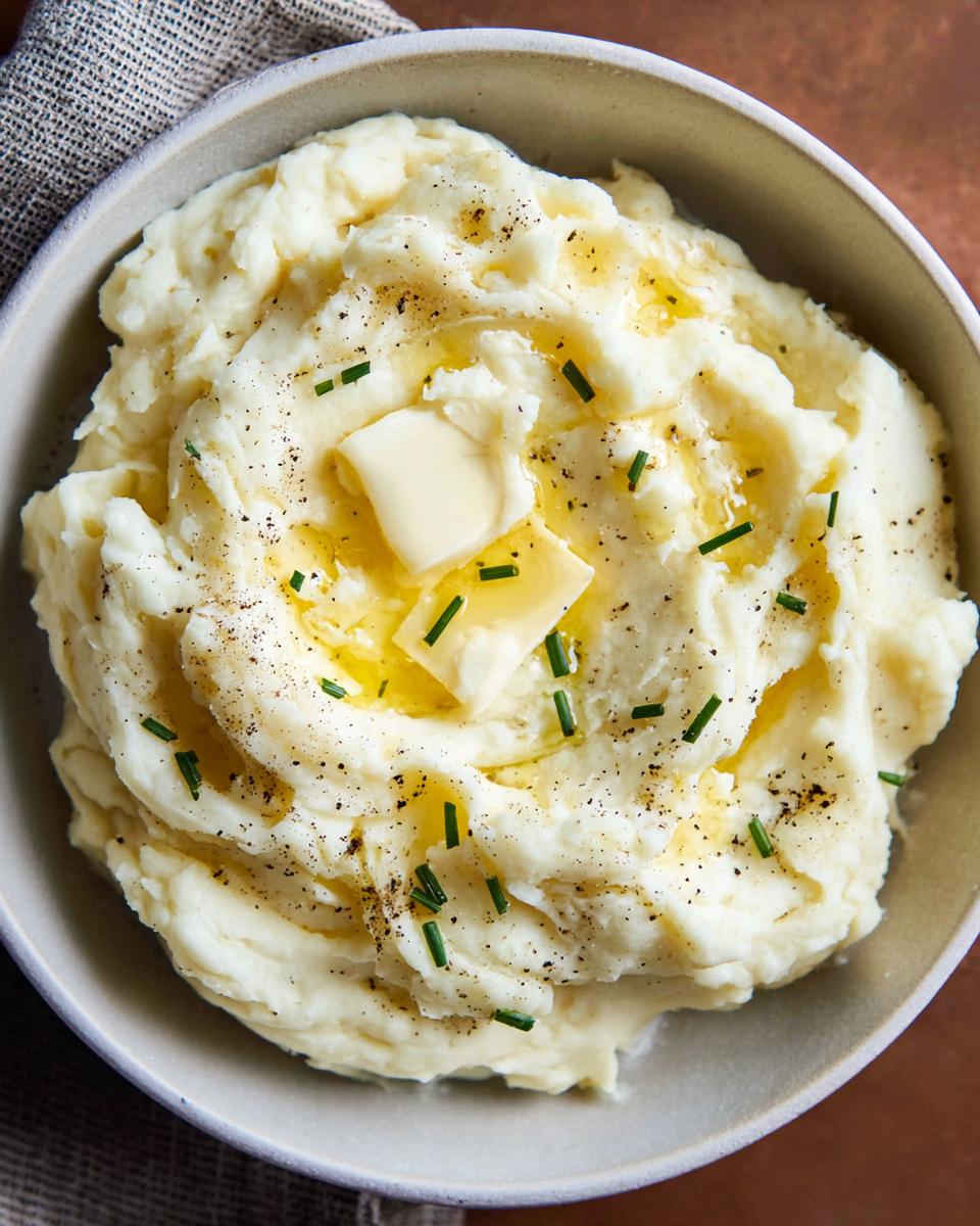 Close-up of creamy mashed potatoes recipe topped with melting butter, chives, and black pepper in a bowl.