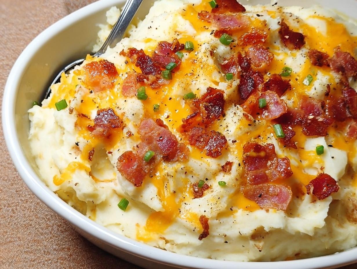 Close-up of creamy mashed potatoes recipe topped with melted cheese, crispy bacon bits, and fresh chives.