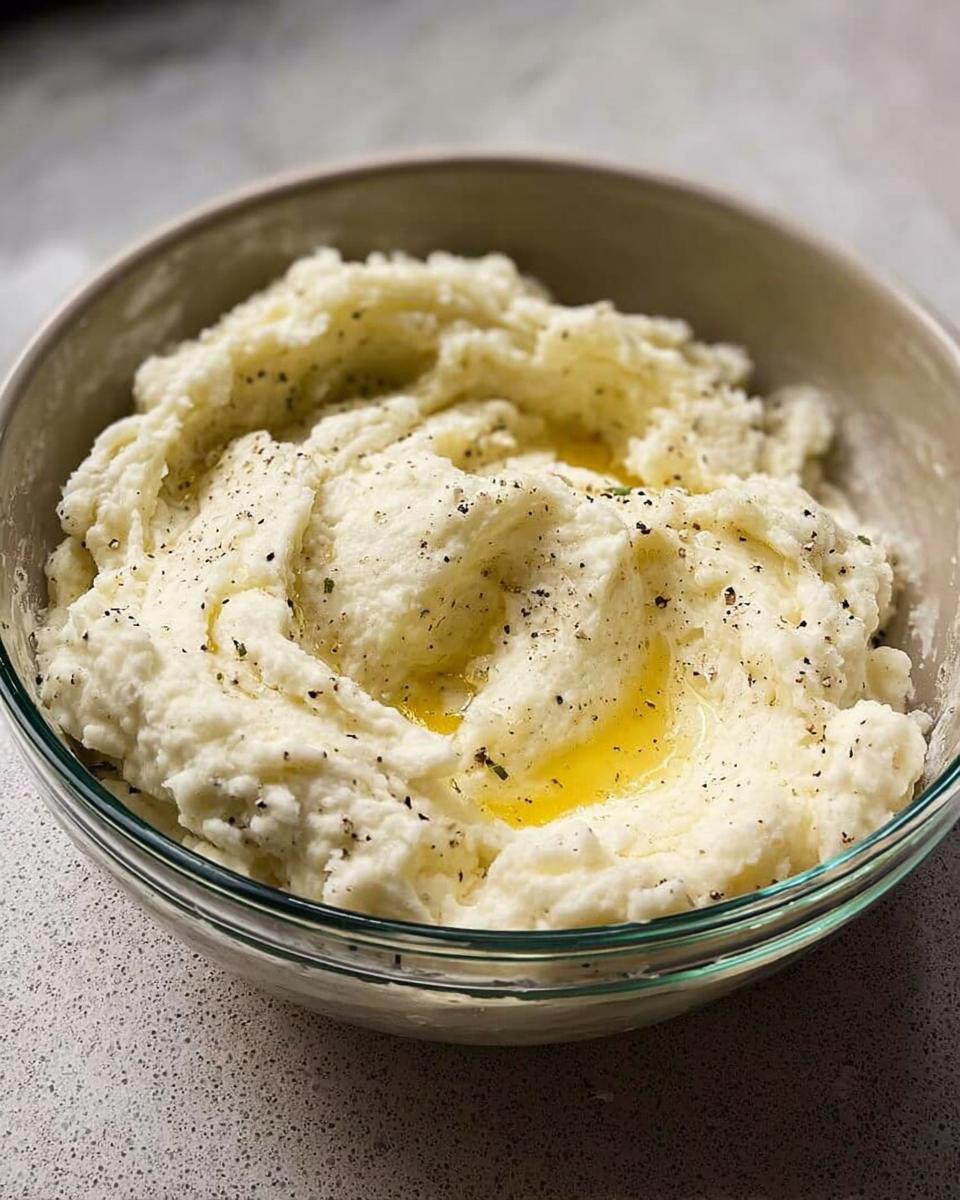 Close-up of a bowl of creamy mashed potatoes, topped with melted butter and black pepper.