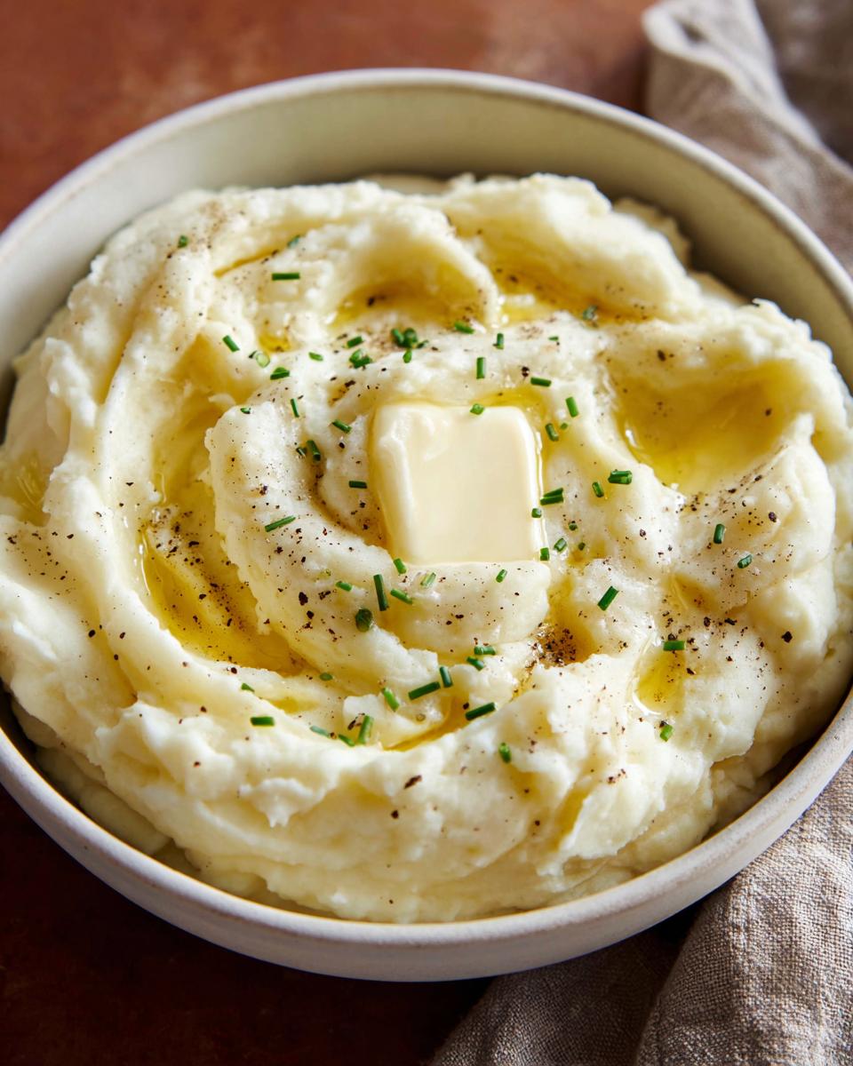 Close-up of a bowl of creamy mashed potatoes recipe, topped with a pat of butter, melted butter, black pepper, and fresh chives.