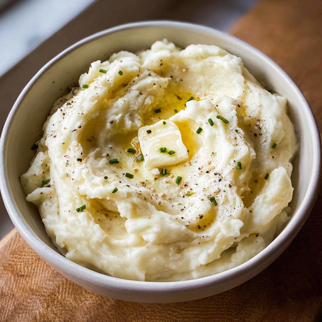 A close-up of creamy mashed potatoes recipe, topped with melting butter, chives, and cracked black pepper.