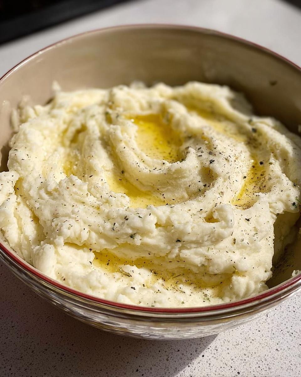 Close-up of fluffy mashed potatoes recipe, topped with melted butter and sprinkled with herbs and black pepper.