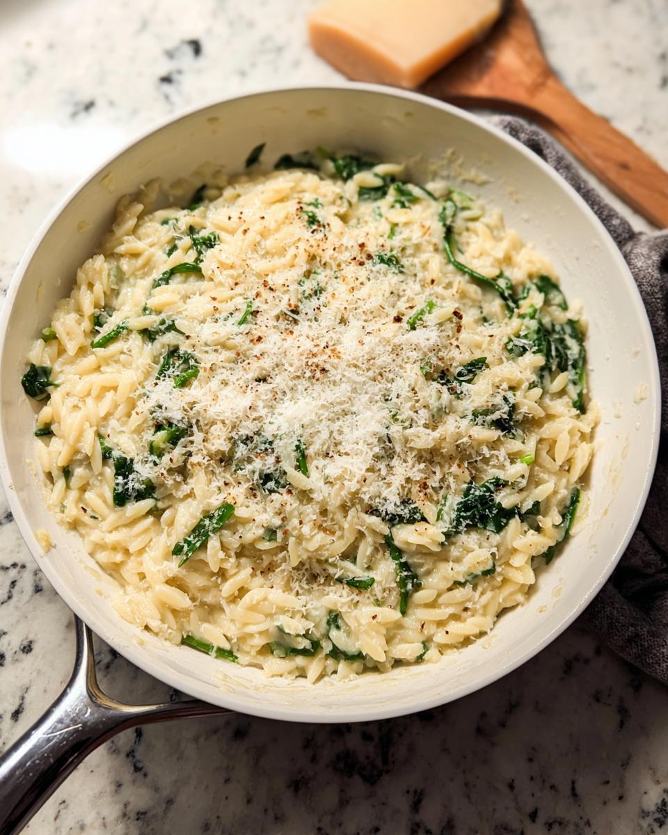 A close-up of creamy orzo pasta with spinach and grated Parmesan cheese, a perfect veggie sides recipe.