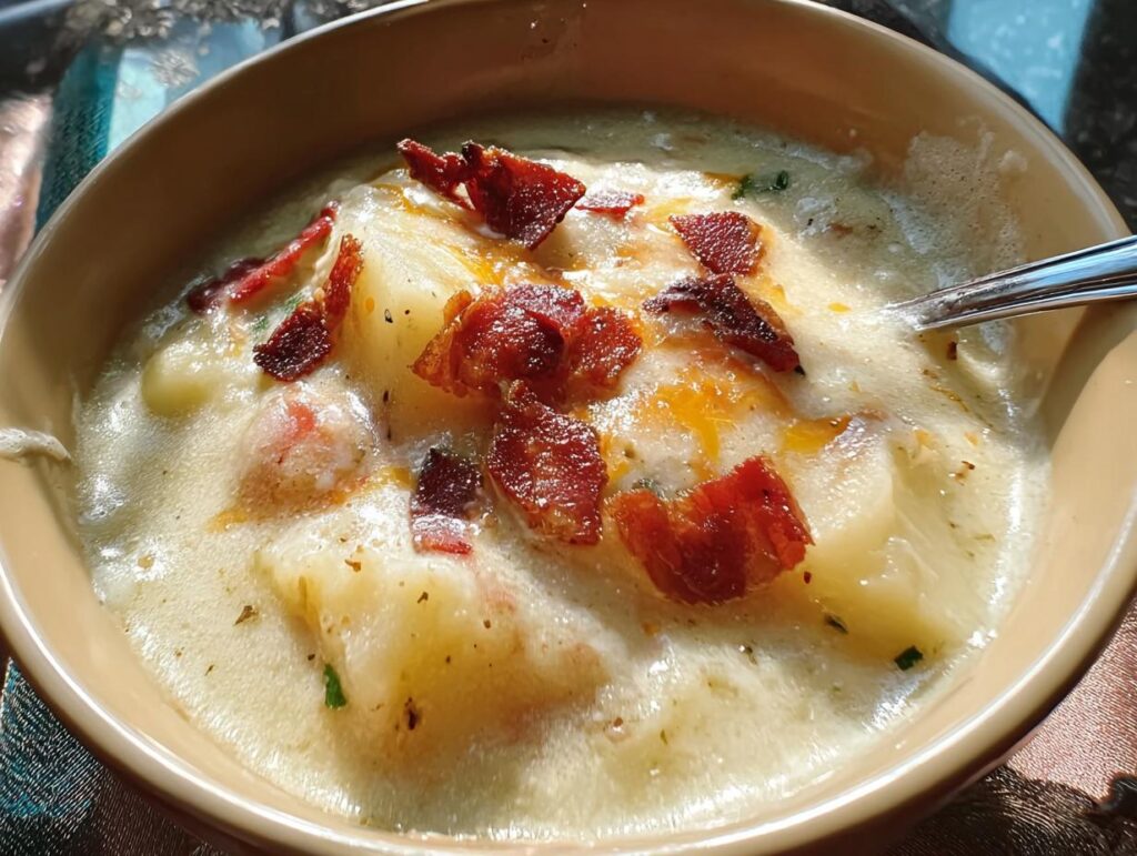 Close-up of a bowl of creamy potato soup topped with crispy bacon pieces, part of the 12-Ingredient Soup Recipes collection.