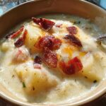 Close-up of a bowl of creamy potato soup topped with crispy bacon pieces, part of the 12-Ingredient Soup Recipes collection.