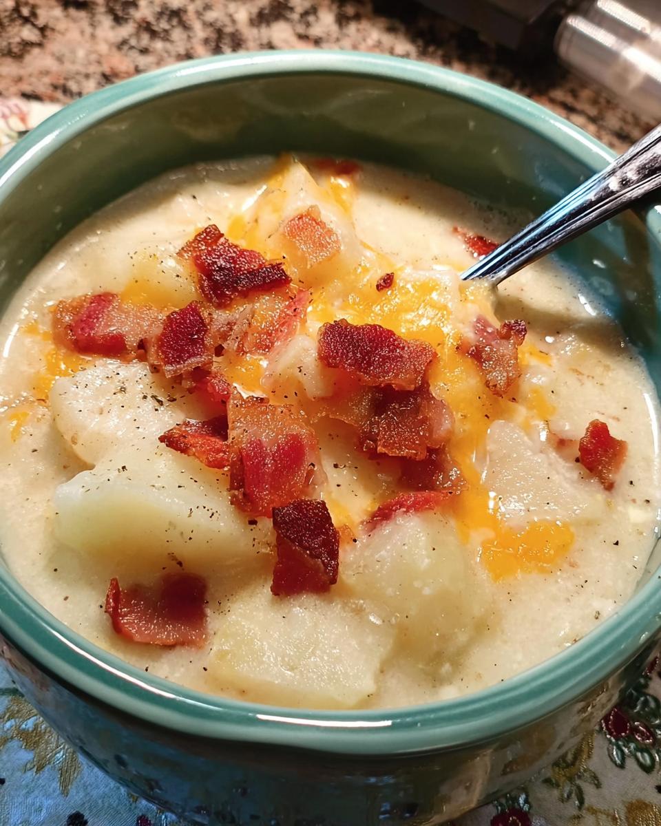 A bowl of creamy potato soup topped with melted cheese and crispy bacon bits, part of 12-Ingredient Soup Recipes.