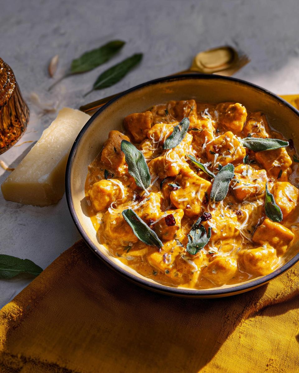 A bowl of creamy pumpkin gnocchi pasta recipe topped with fresh sage and parmesan cheese.