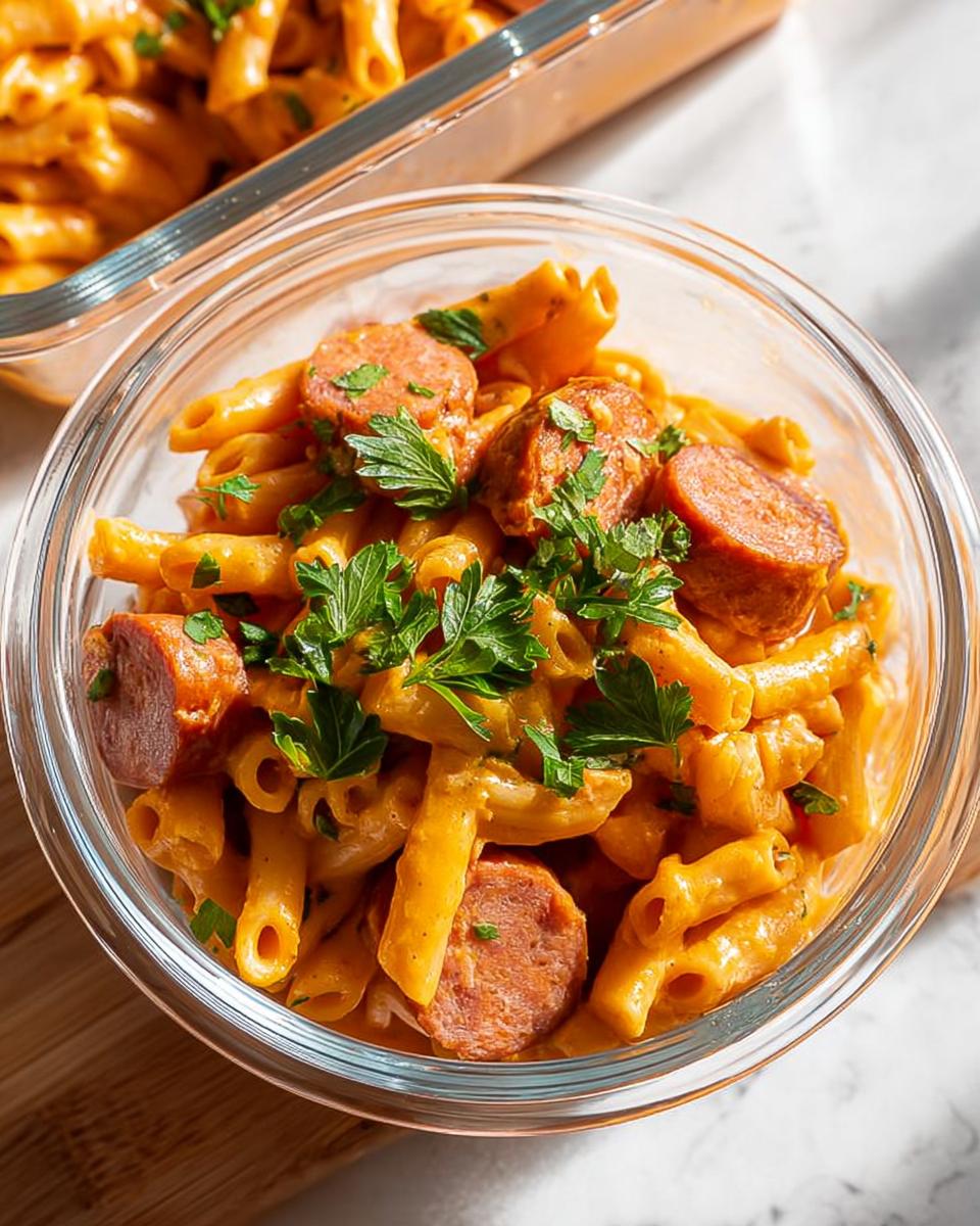 A bowl of creamy pasta with sliced sausage and fresh parsley, perfect for pasta recipes meal prep.
