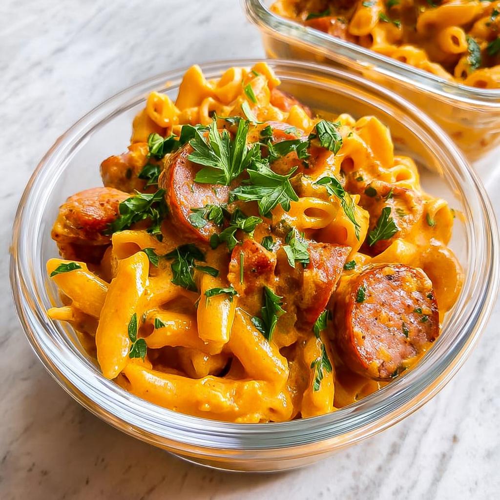 Close-up of creamy sausage pasta with penne and kielbasa, garnished with parsley, perfect for pasta recipes meal prep.