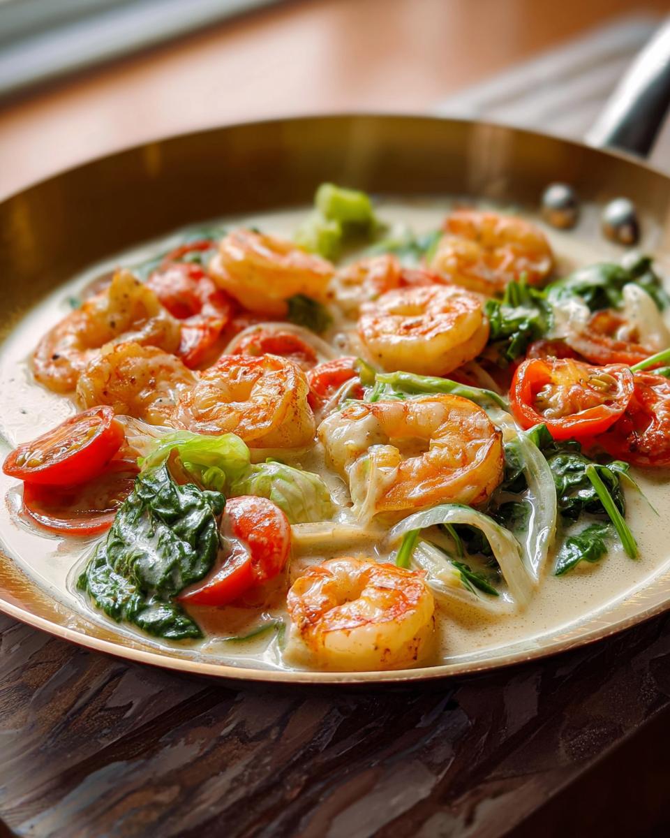 A close-up of a creamy shrimp recipe in a skillet with cherry tomatoes, spinach, and onions.