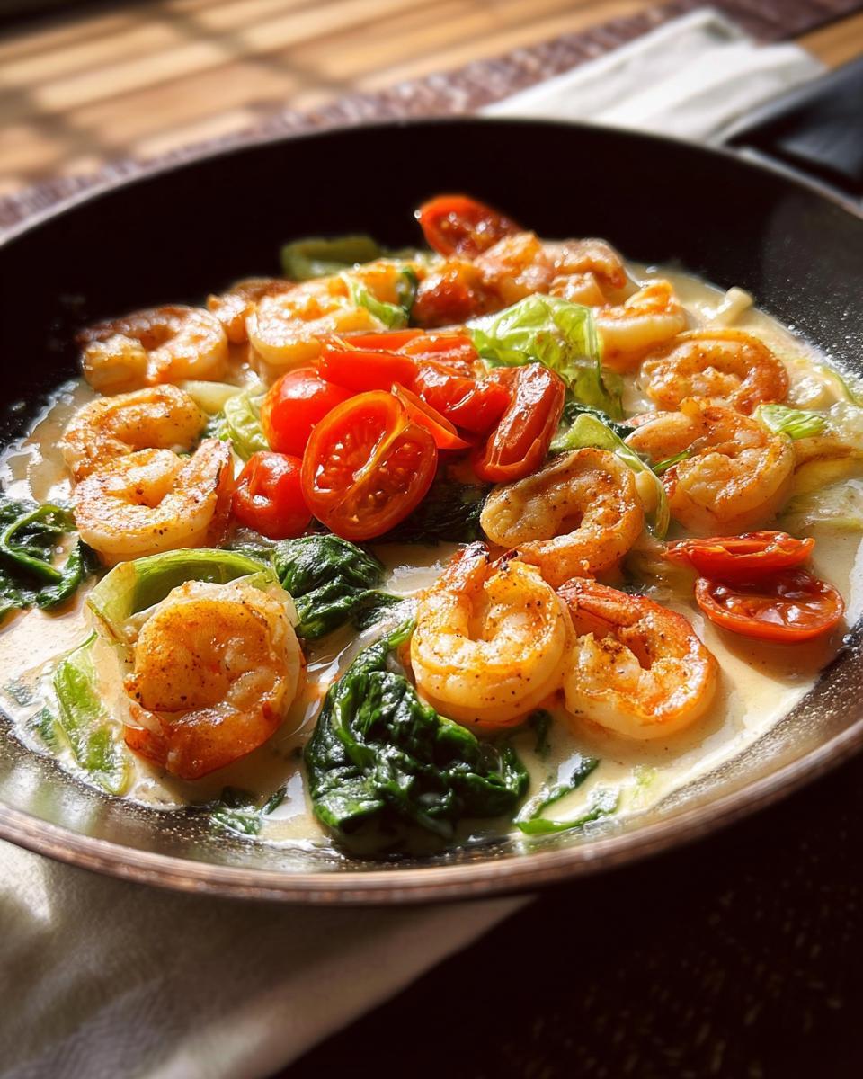 Close-up of a creamy shrimp recipe with cherry tomatoes and spinach in a pan.