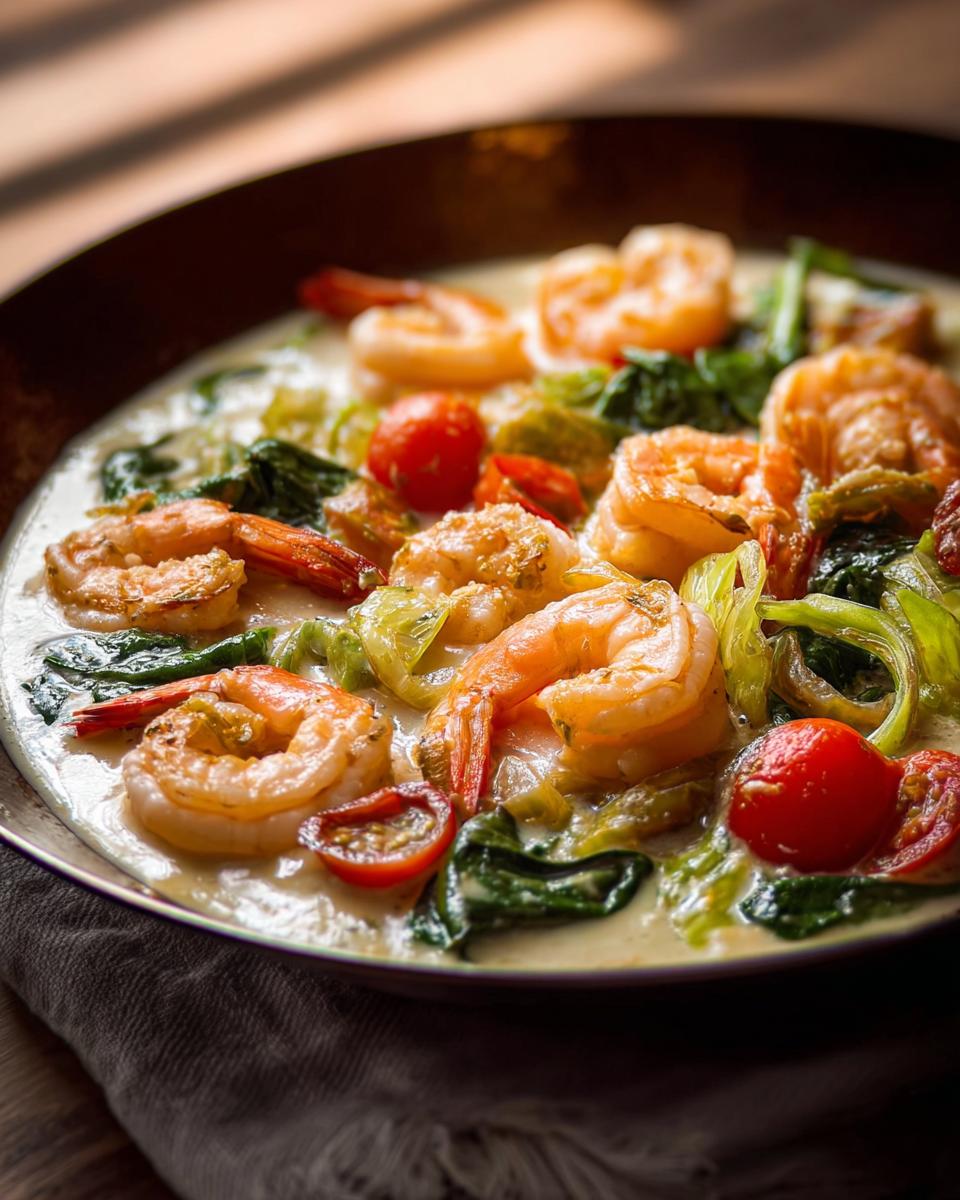 Close-up of a creamy shrimp recipe with whole shrimp, cherry tomatoes, and spinach.
