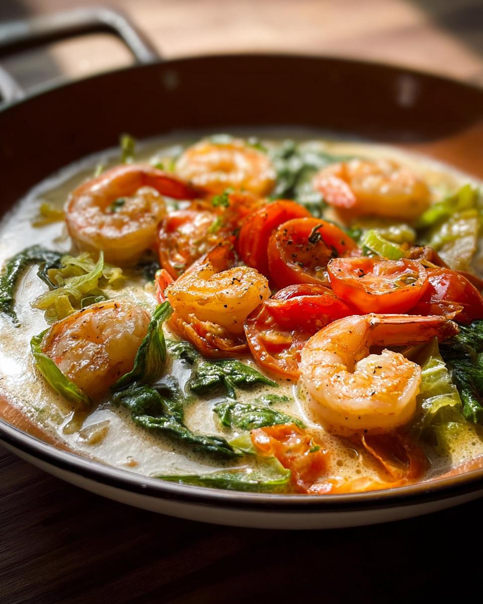 Close-up of a creamy shrimp recipe featuring plump shrimp, cherry tomatoes, and wilted spinach in a rich sauce.