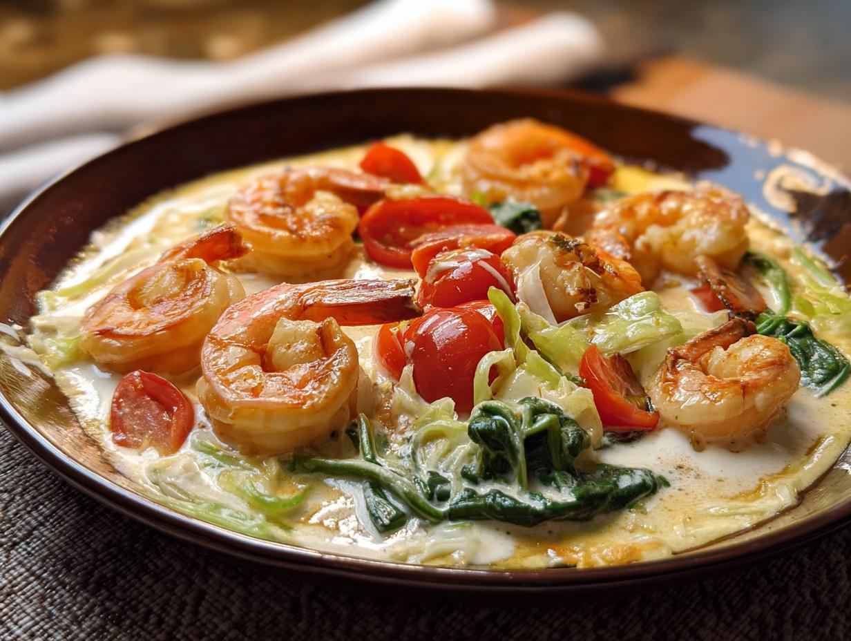 Close-up of a creamy shrimp recipe featuring plump shrimp, cherry tomatoes, and wilted spinach in a rich sauce.