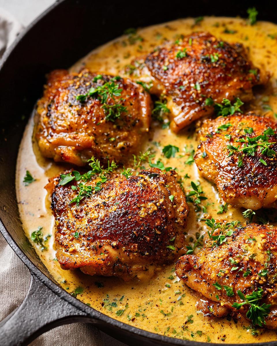 Close-up of pan-seared chicken thighs in a creamy sauce, garnished with fresh herbs. A perfect example of chicken thigh recipes in 20 minutes.